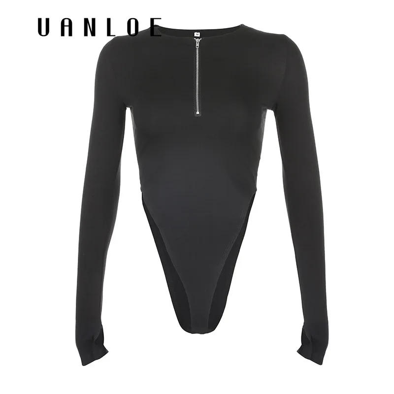 

Сексуальный боди на молнии с высокой талией и длинным рукавом, женский черный облегающий комбинезон с высокой талией, боди 2020