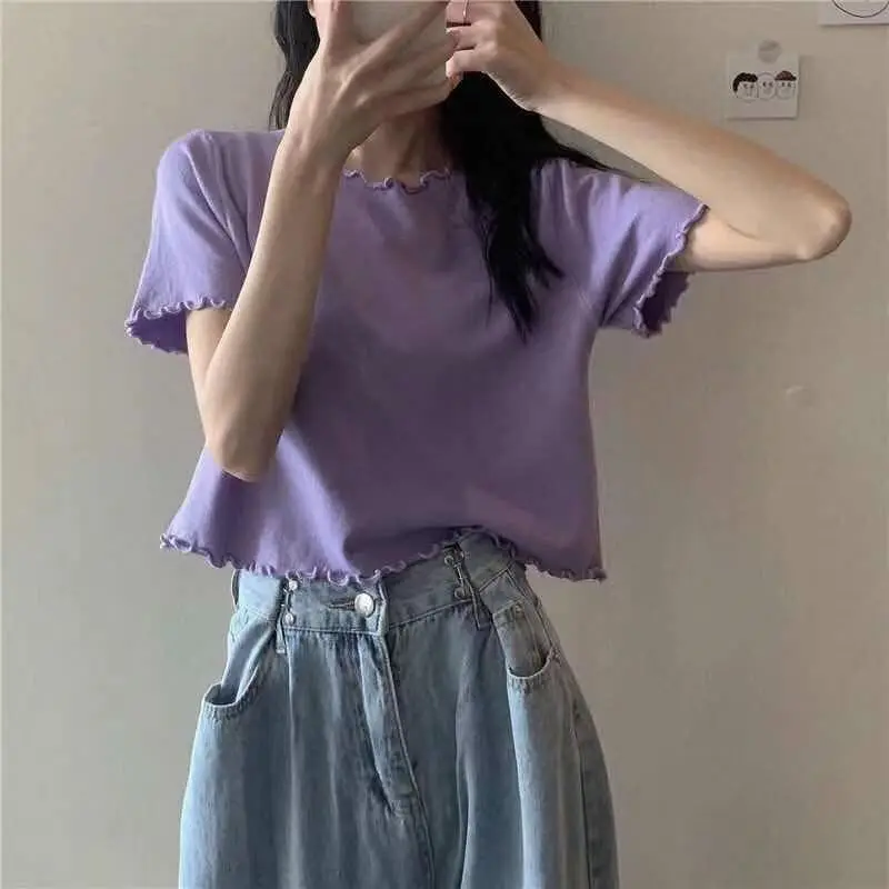 

New Korean Short Sleeve T-shirt with ear edge for women in summer 2020