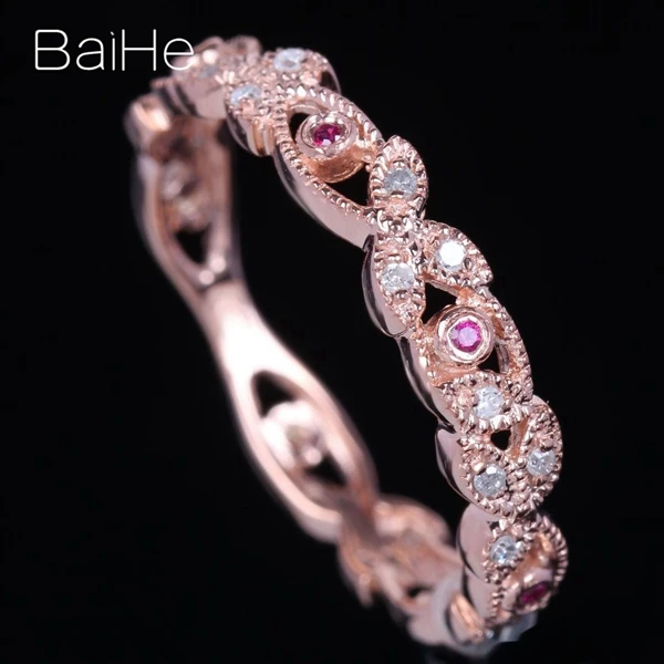 BAIHE твердое 10 к розовое золото(AU585) около 0.2CT сертифицировано натуральными бриллиантами и рубинами обручальное женское модное Подарочное кольцо