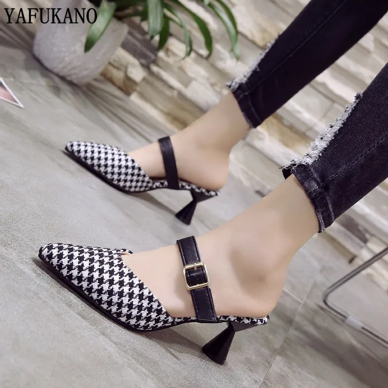 

Women's Pointed Toe Slippers Women Summer Bow Plaid Sandals Fashion Wild 7cm High Heel Slippers zapatos de mujer