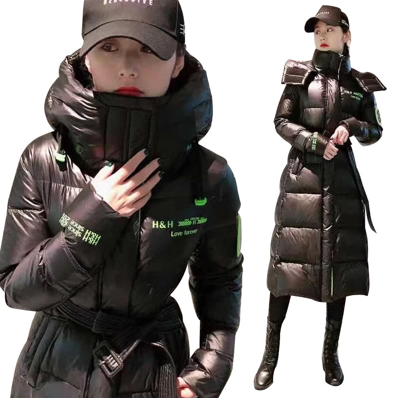 Пуховик женский средней длины с капюшоном модная блестящая плотная зимняя