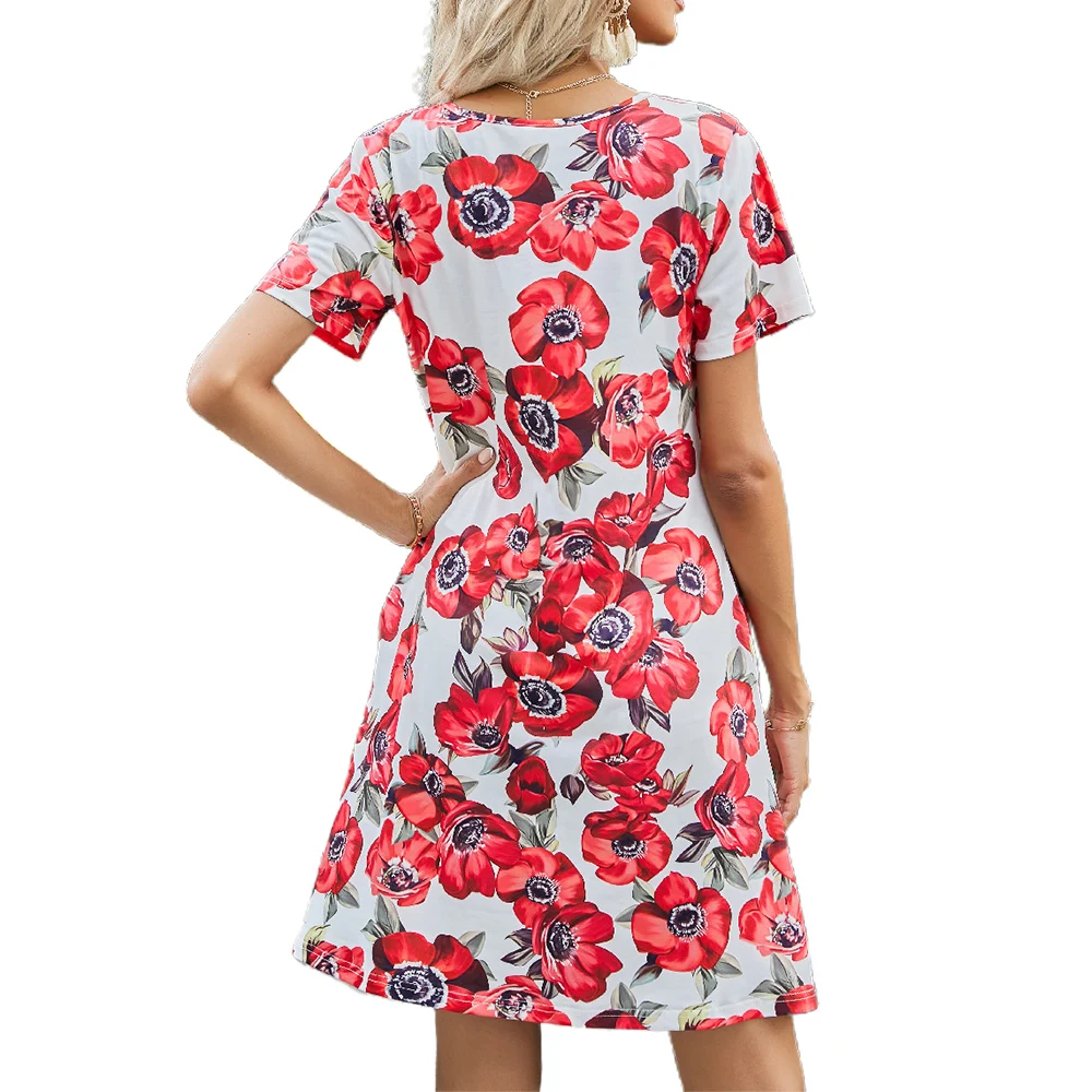 

2021 New A-line Fashion Casual Women Rose Flower Dress Short Sleeve Pockets Party Tunic Midi Slim Dresses De Mujer De Vestir
