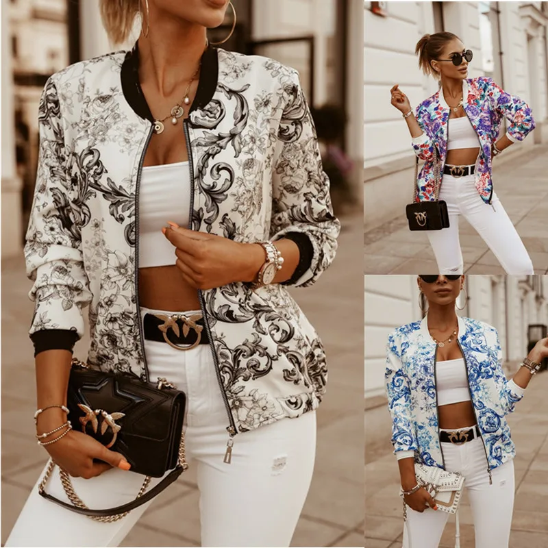 

Printed long sleeve women's bomber jacket stylish zip-up vintage coat top elegant slim basic jacket for women