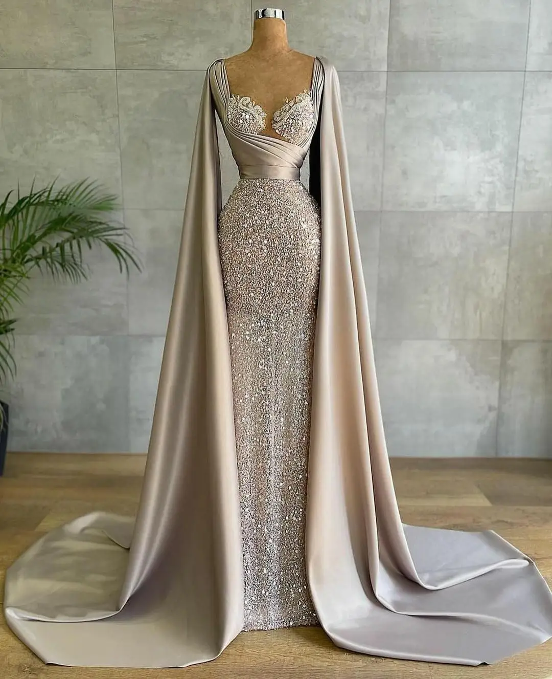

Arabic Glitter Sequined Evening Dresses with Cape Ruched Lace Sweetheart Prom Party Formal Women Gowns robe de soirée de mariage