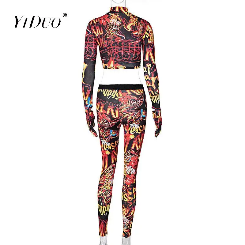 

YiDuo 2020 Vintage Print Y2K Cropped Top And Leggings 2 Piece Set Autumn Winter Women Streetwear Skinny Joggings Tracksuit