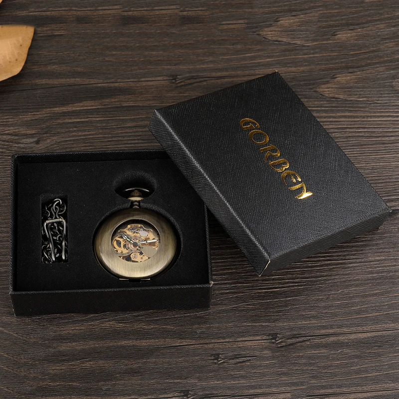 Old Time Mechanical Pocket Watch Antique Skeleton Dial Fob Chain Hollow Case Hanging Clock with Gift Box for Men Dropshipping
