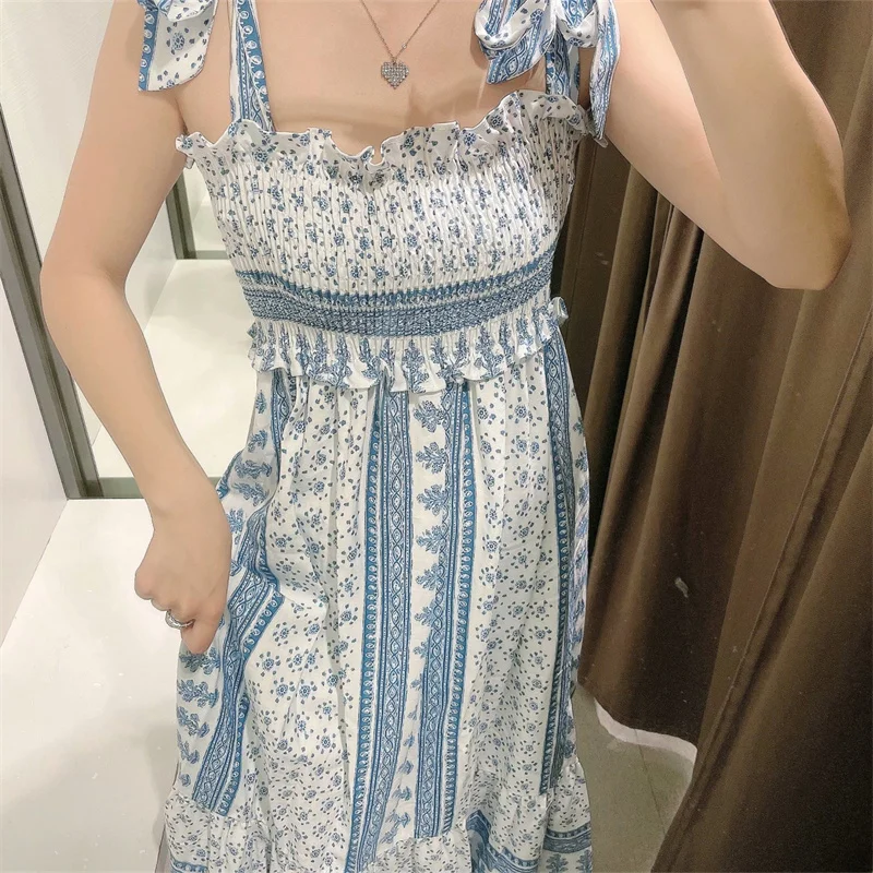 

2021 Za Spaghetti Straps Print Summer Dress Women Backless Elastic Smocked Pleated Party Dress Woman Vintage Ruffle Midi Dresses