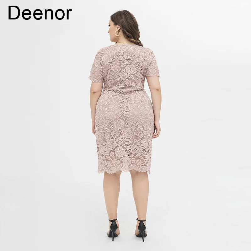 Deenor Plus Size Dresses for Women Slim Lace Wrap Hip V-neck Dress Summer Short Sleeve Elegant Party Dresses