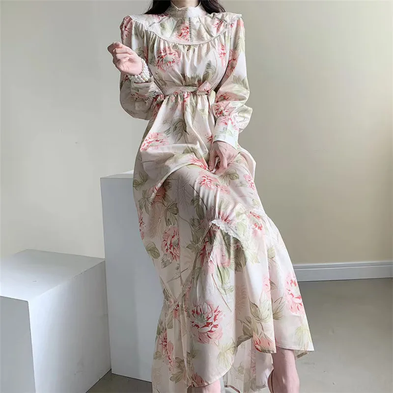 

retro chic sweet floral print long dress seaside casual fashion women's dress all-match outgoing dress chic outerwear robe