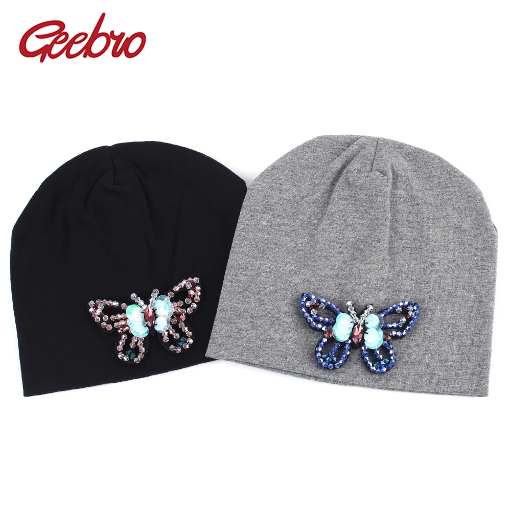 

Geebro Newborn Cotton Beanie Hat Rhinestone Butterfly Design Candy Color Slouchy Beanies Children Girls DIY Outdoor Cap