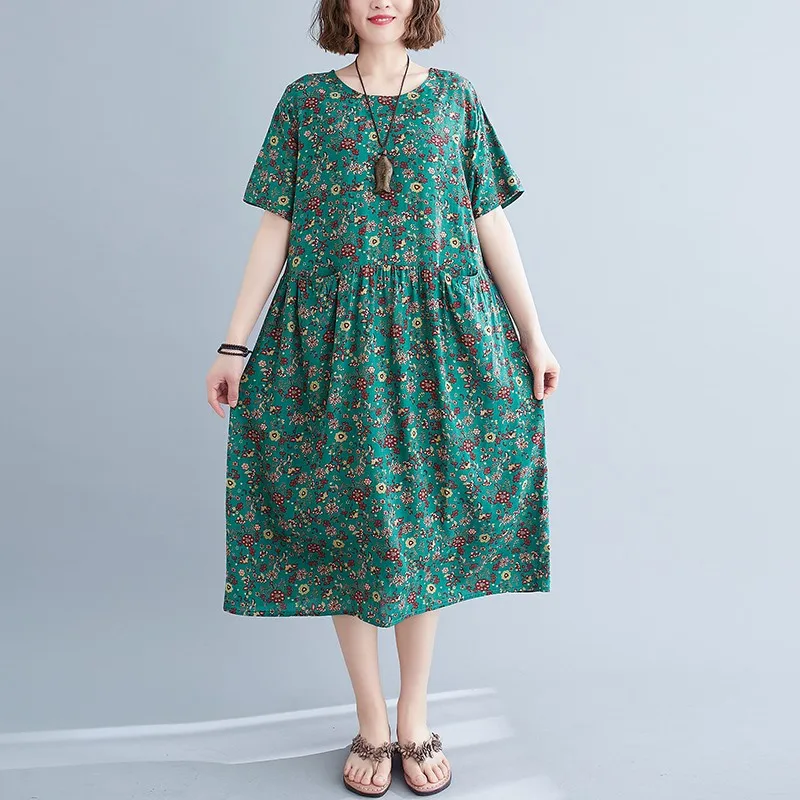 

Women Cotton Linen Casual Dress New Arrival 2021 Summer Vintage Style Floral Print Loose Comfortable Female Long Dresses S3719