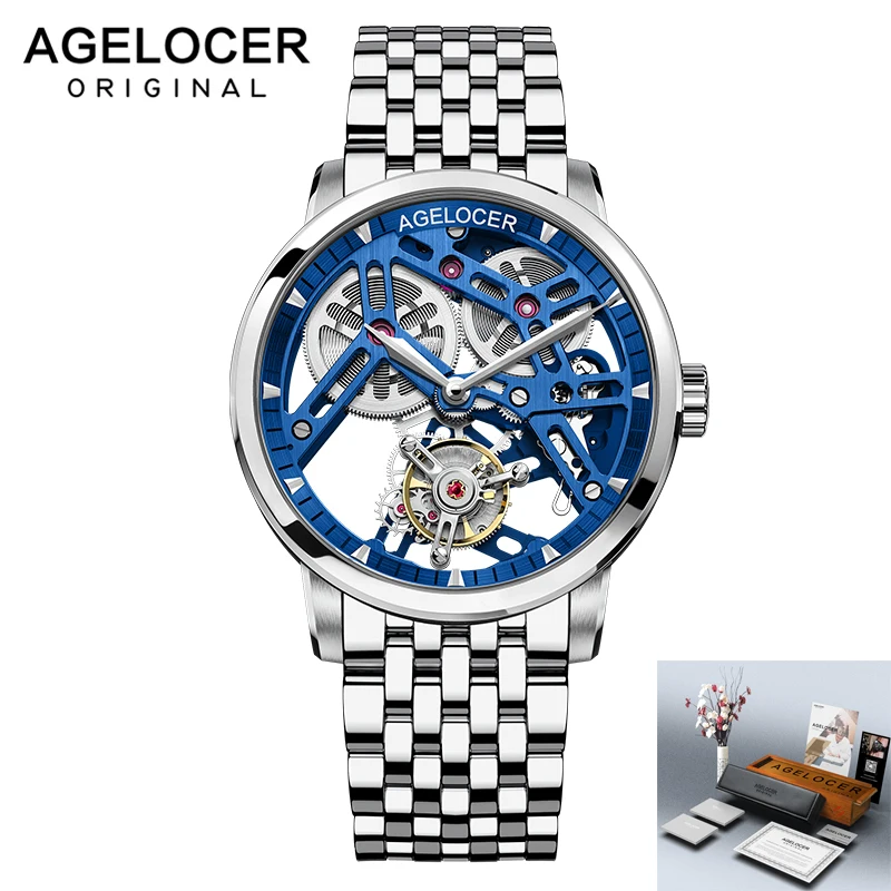 

AGELOCER Real Tourbillon Watch Men Mechanical Skeleton Movement Sapphire Wristwatch Bracelet Man Watch Waterproof zegarek męski