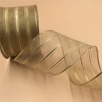 63mm x 25 yards old golden organza stripes with gold wire edge ribbon for birthday decoration gift wrapping 2 12