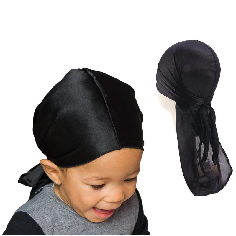 

2021 Kids Silky Durag Boy's Long-tailed Pirate Cap Hip-Hop Cap Bandana Turban Headwear Children Hair Accessories New Fashion