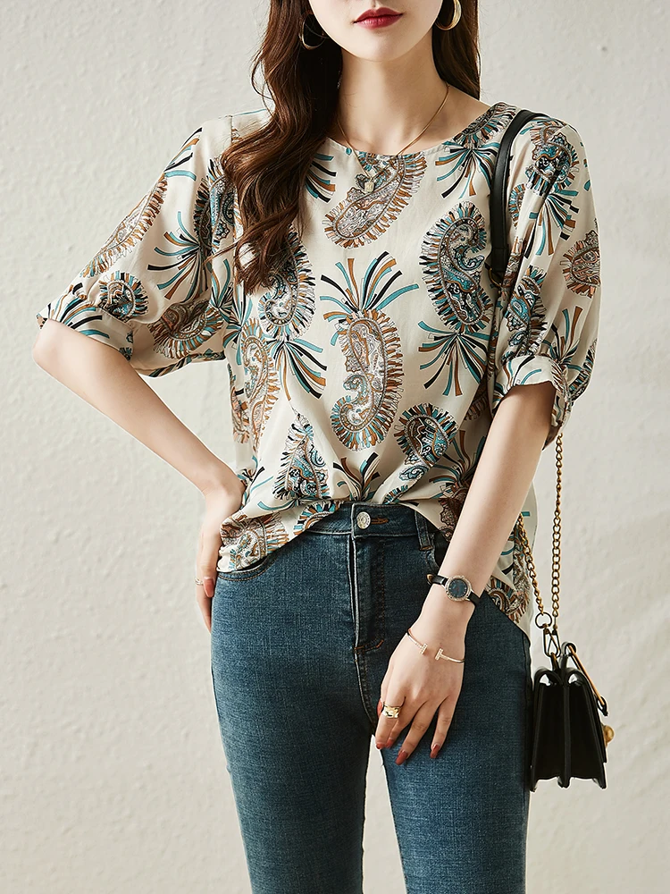 

Шифоновые свободные женские блузки, Новая повседневная блузка с цветочным принтом и круглым вырезом, летняя рубашка, модный топ с коротким ...