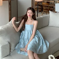 summer women short design spaghetti retro dress blue and black floral backless dresses female french style 2021 new