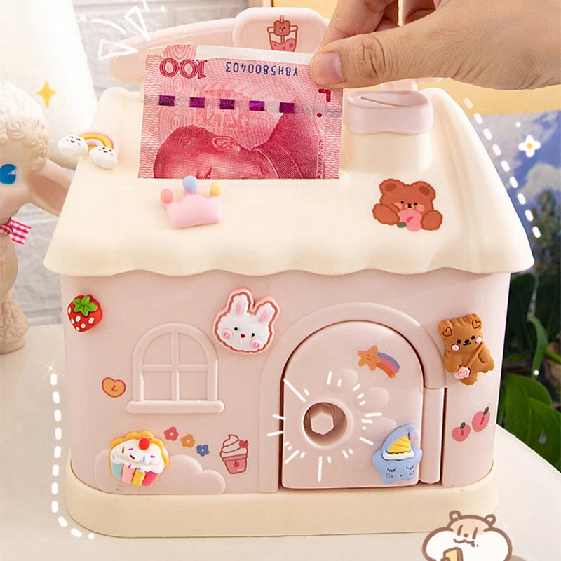cute house money box with 3d sticker kawaii piggy bank for kids adults big size savings box for coins banknotes birthday gift free global shipping