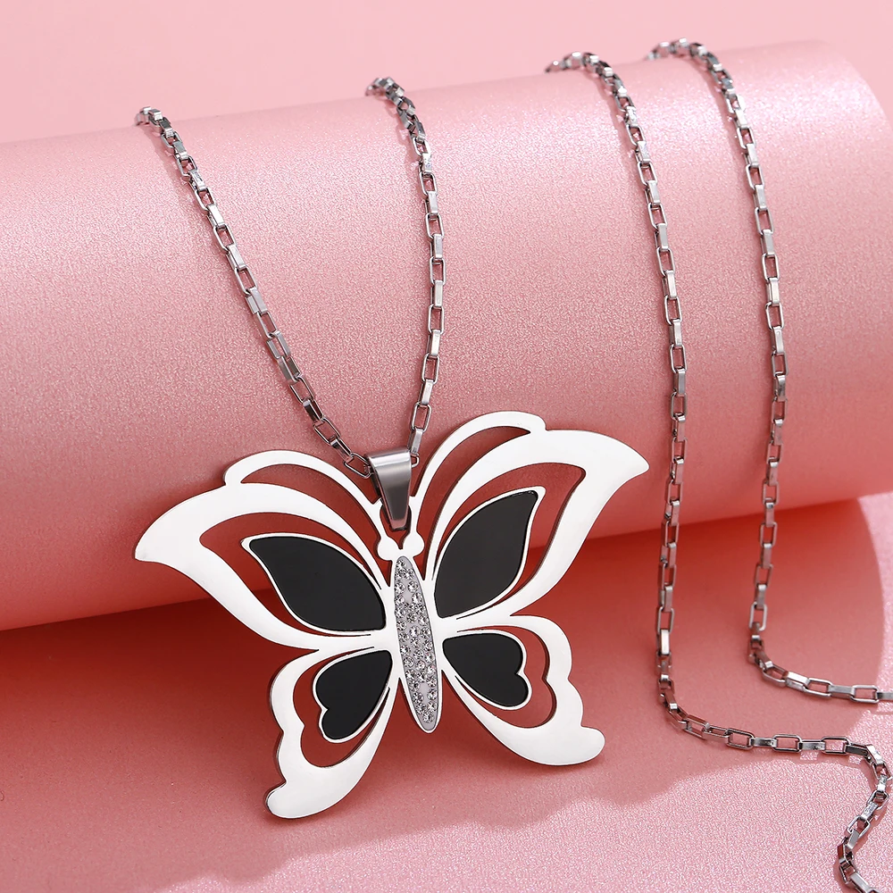 

Big Butterfly Pendant Stainless Steel Necklace For Women Cute Insect High Quality Silvery Sweater Chain Jewelry Gift