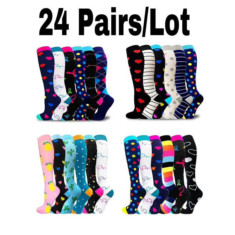 

24 Pairs/Lot Compression Stockings Crossfit Golf Tube Fit Sports Outdoor Marathon Men Women Compression Socks Knee Stockings