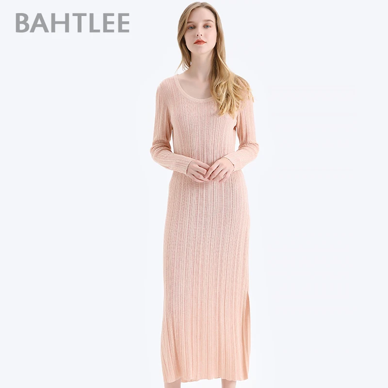 Женское платье с блестками BAHTLEE Серебряное длинными рукавами и круглым вырезом