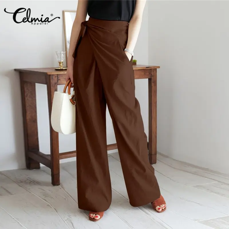 

2021 Celmia Vintage Cotton Trousers Women Fashion High Waist Wide Leg Pants Vintage Bandage Solid Pantalon Female