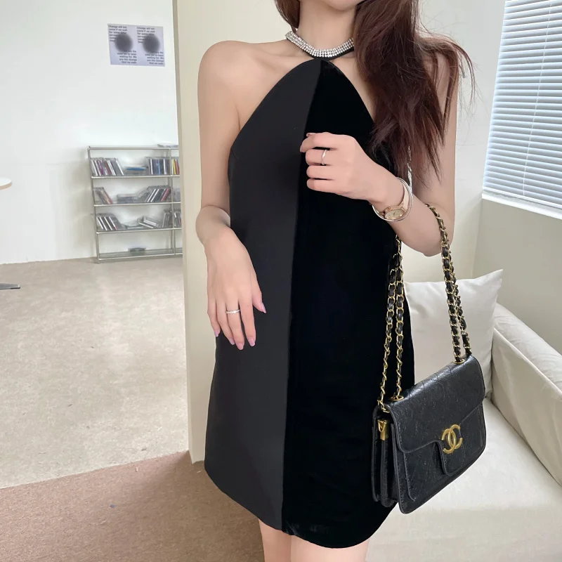 

mini black halter dresses women sexy chain neck black dress women sleeveless short black vestidos