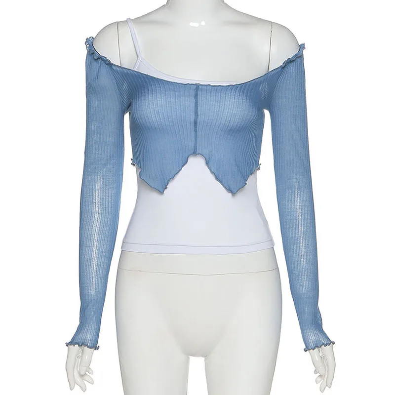 Элегантная уличная футболка с открытыми плечами и длинным рукавом летний топ 2