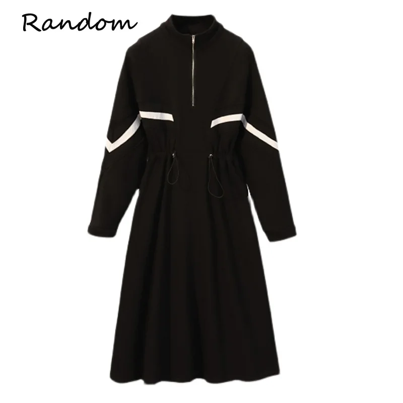 

Хлопковое Спортивное платье-свитер, женское черное уличное платье с воротником-стойкой и длинным рукавом, в белую полоску, размера плюс 5XL