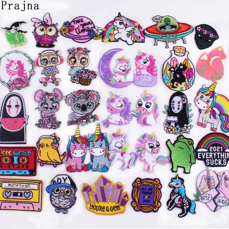 Prajna Cartoon Unicorn Koala Patch Stripe Embroidered Patches for Kid Clothes Owls Stickers Badges Cute Parches Iron on | Дом и сад