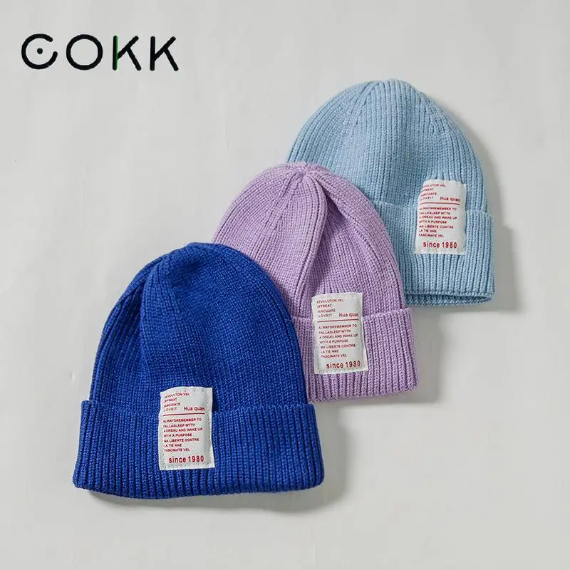 

Осень-зима шапки для мужчин и женщин, вязаная шапка COKK для детей и родителей, Корейская шапка, шапка Девочки Мальчики, тканевая этикетка, 17 цв...
