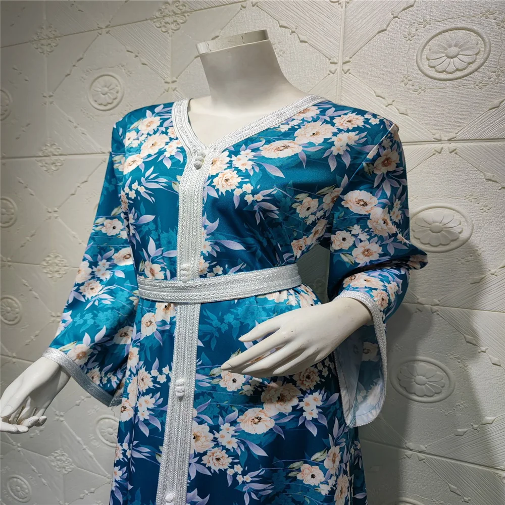 

Loose Comfortable Summer Clothing Muslim Long Dress Women Printing Broken Lace V Neck Fashion Casual Wholesale Dropshipping