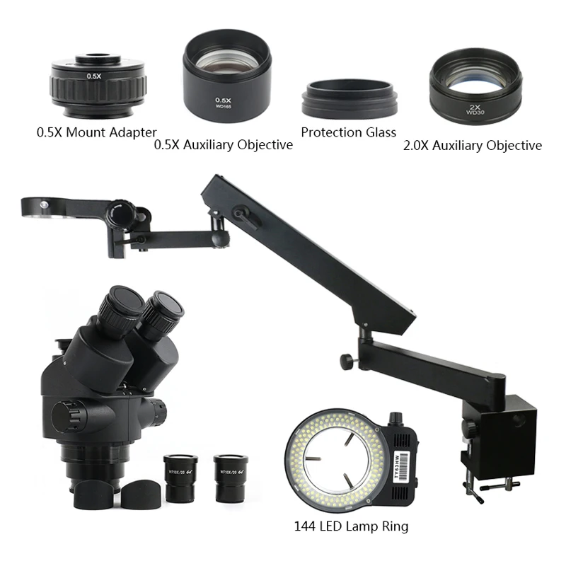 

Simul Focal Zoom 7X-45X Articulating Arm Clamp Trinocular Stereo Microscope+0.5X 1X 2X Objective Lens+0.5X Adapter+144 LED Light