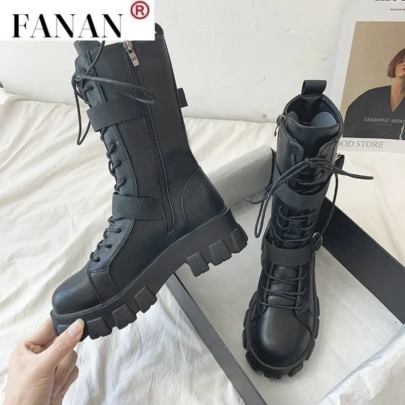 

2021 Women Mid-Calf Boots Autumn Winter Punk Genuine Leather Boots women Zipper Cross-tied Riding Boots High Heels Shoes Woman