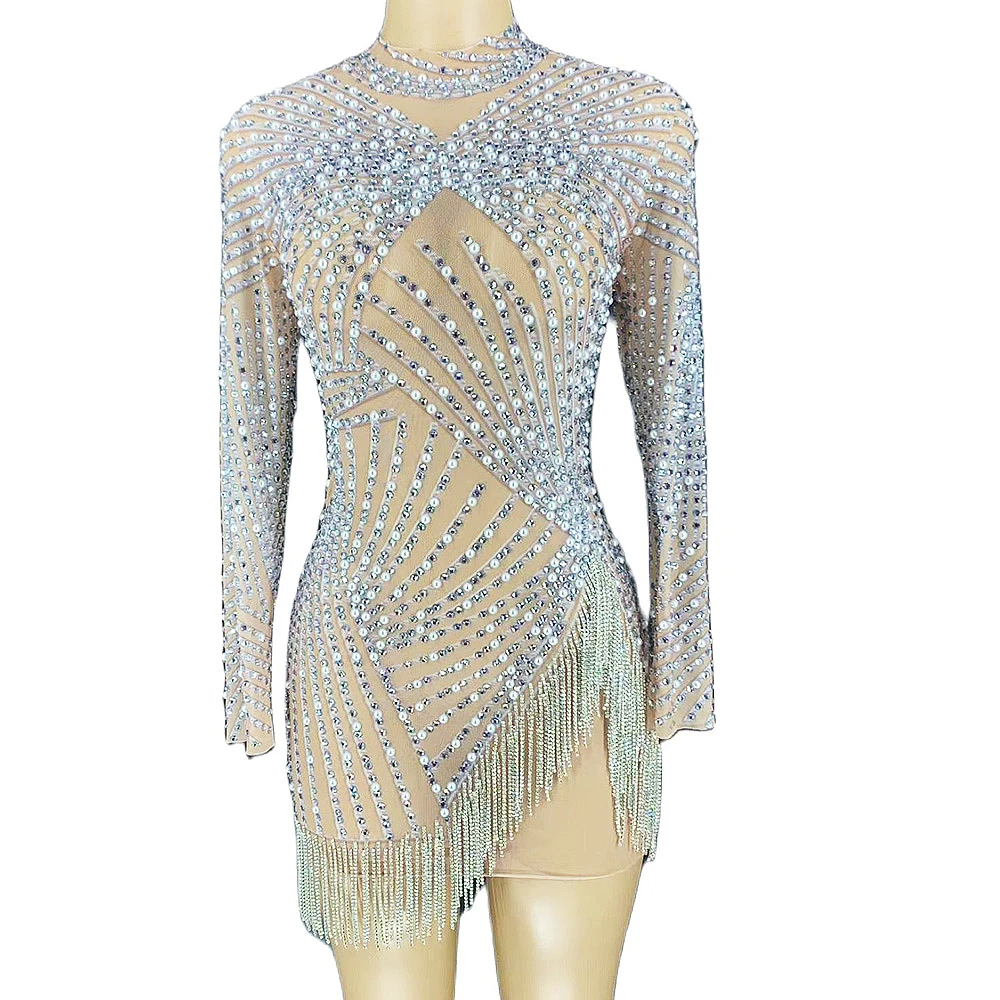 

Sparkly Embellished Silver RhinestoneTassel Women Crystal Dress Long Sleeve Tigtht Stretch Short Dress club Costume Partykleider