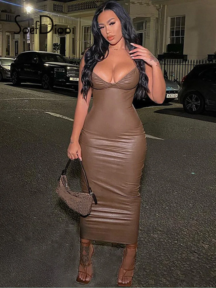 

Soefdioo Solid Spaghetti Strap Sleeveless Bodycon Dress Sexy Backless Party Maxi Dresses for Women 2022 Spring Night Club Outfit