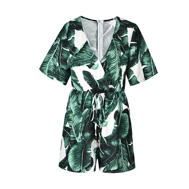 

2019 women V-neck ruffled sleeves leaves printed skirt temperament chiffon jumpsuit S/M/L/XL