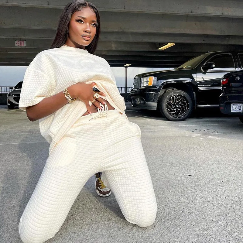

2021 Women Summer Solid Casual 2 Piece Pant Set Short Sleeve Fitness Loose Top Trouser Sets Streetwear Women Outfits Female