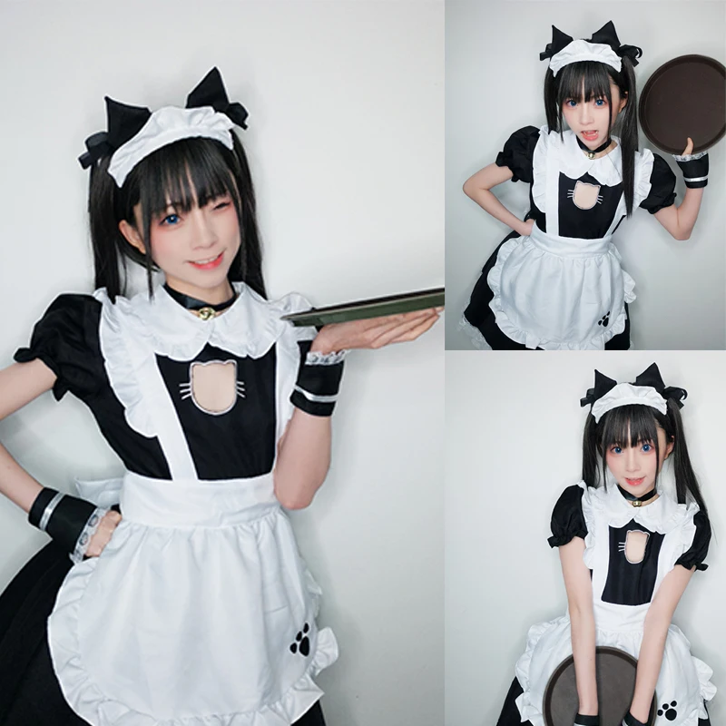 

S-4XL Black White Cat Maid Outfit Cosplay Sexy Lolita Anime Cute Soft Girl Maid Uniform Appealing Set Stage Waiter Costumes
