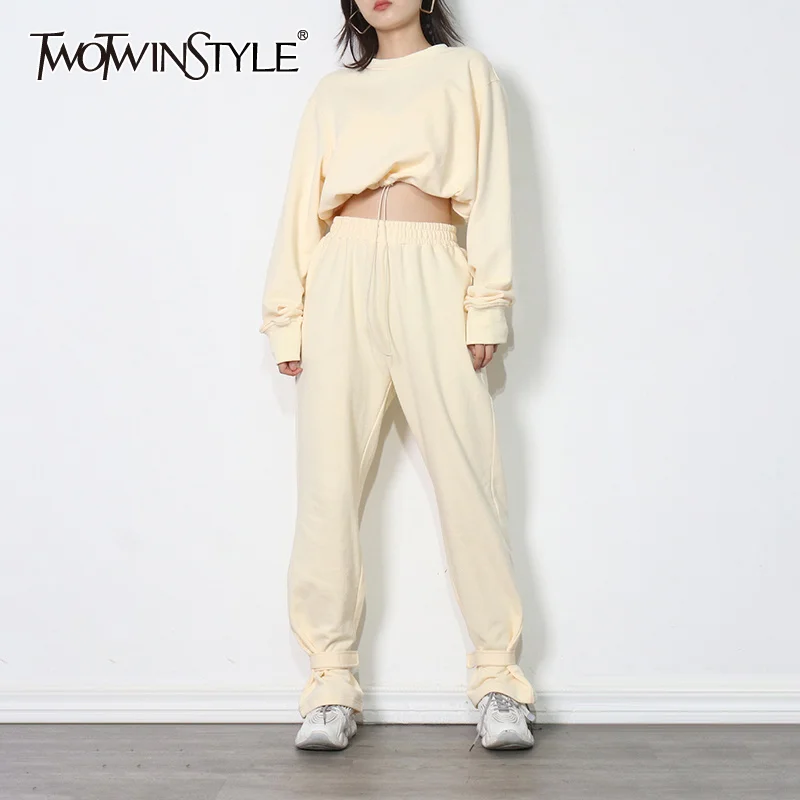 

TWOTWINSTYLE Casual Solid Pants Set For Women Round Neck Long Sleeve Sweatshirt Casual Trouser Loose Sets Female Fashion Autumn