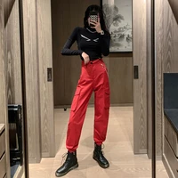 2021 womens cargo pants strap buckle pocket jogger elastic waist high streetwear harajuku pant chain female red hip hop pants