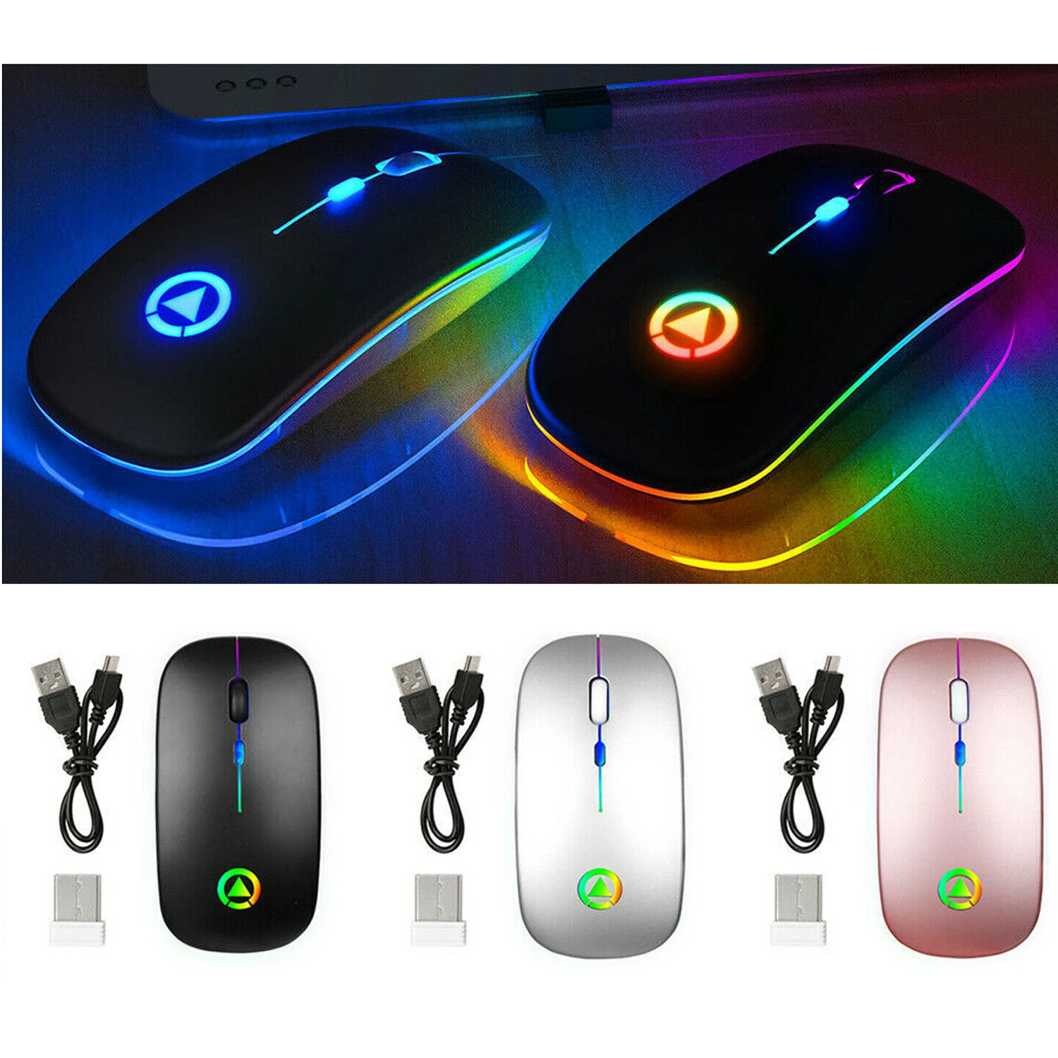 

2.4GHz Wireless Mouse Silent Rechargeable Mice 1000-1600DPI with RGB Light Office School Computer PC Laptop Accessories