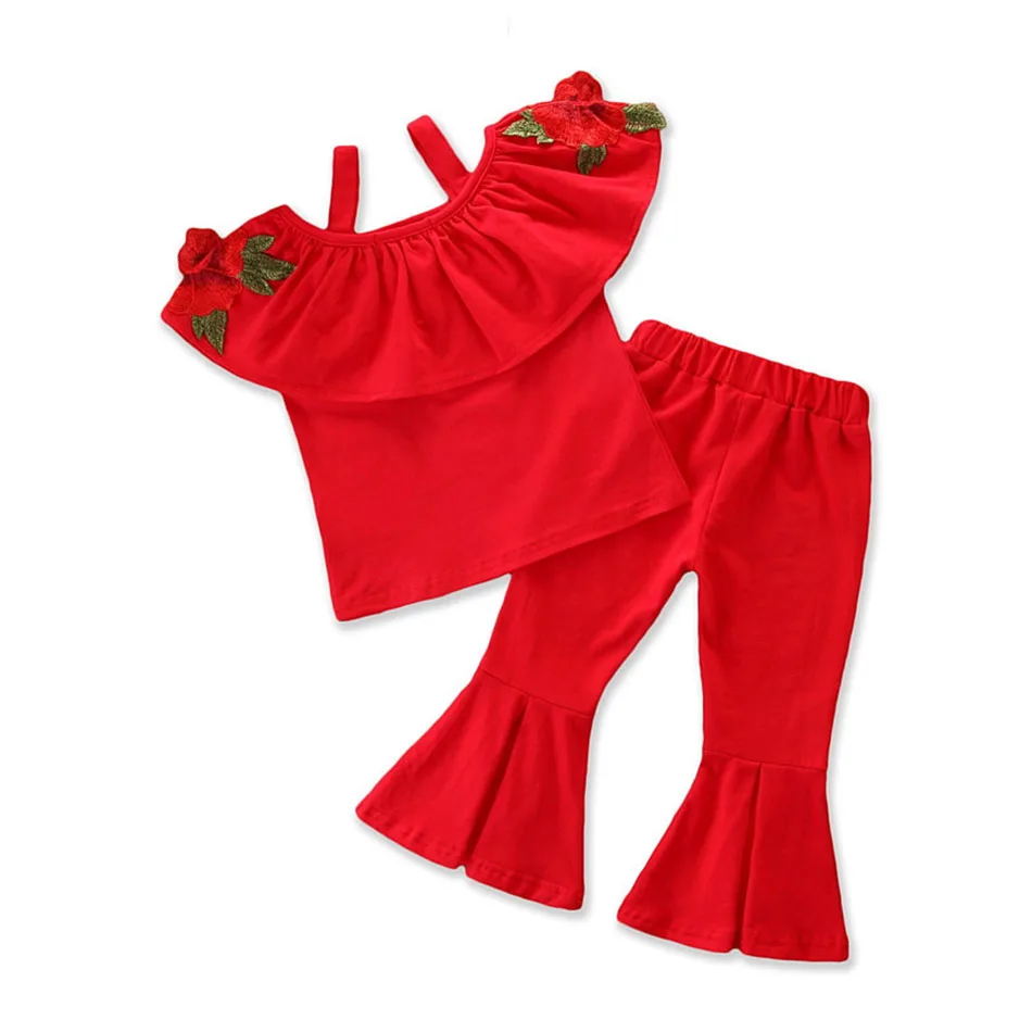 

Baby Girl Clothes Toddler Girls Summer Clothing Set Embroidering Condole Belt Tops+Pants Fashion Flared Trousers 2pcs Kids Suit