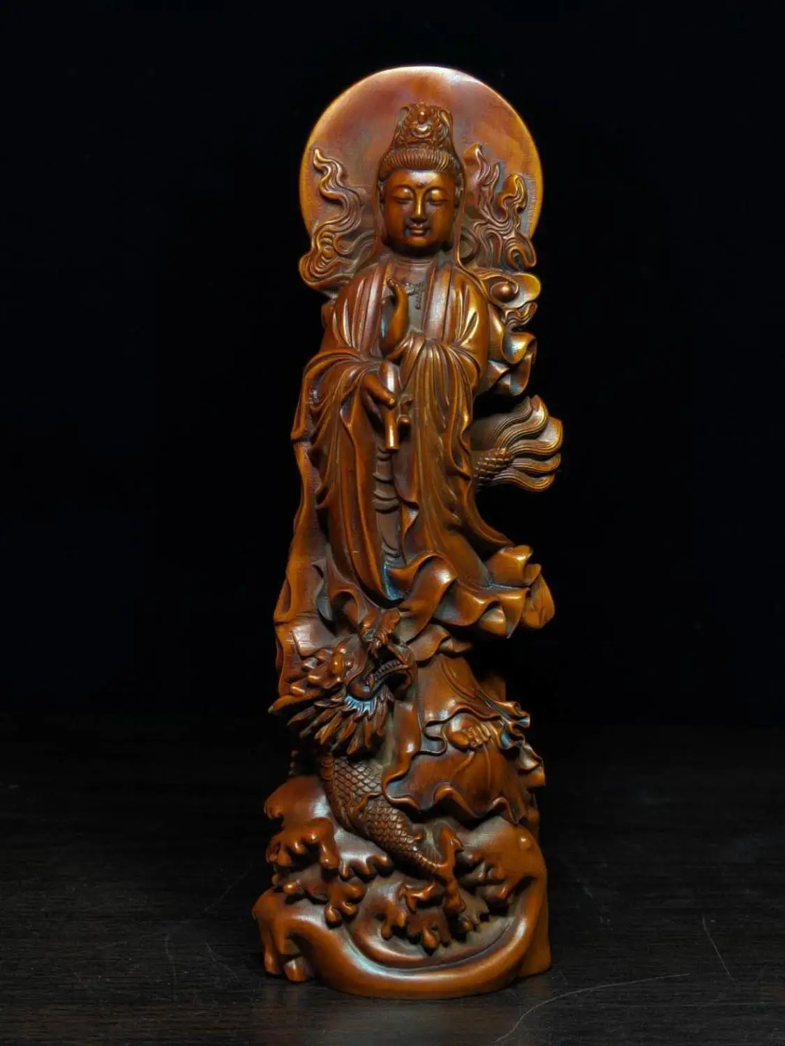 

wedding decoration Old Chinese Boxwood Wood Carved Guanyin Bodhisattva statue Carved Dragon Backlit Guanyin Buddha Statue