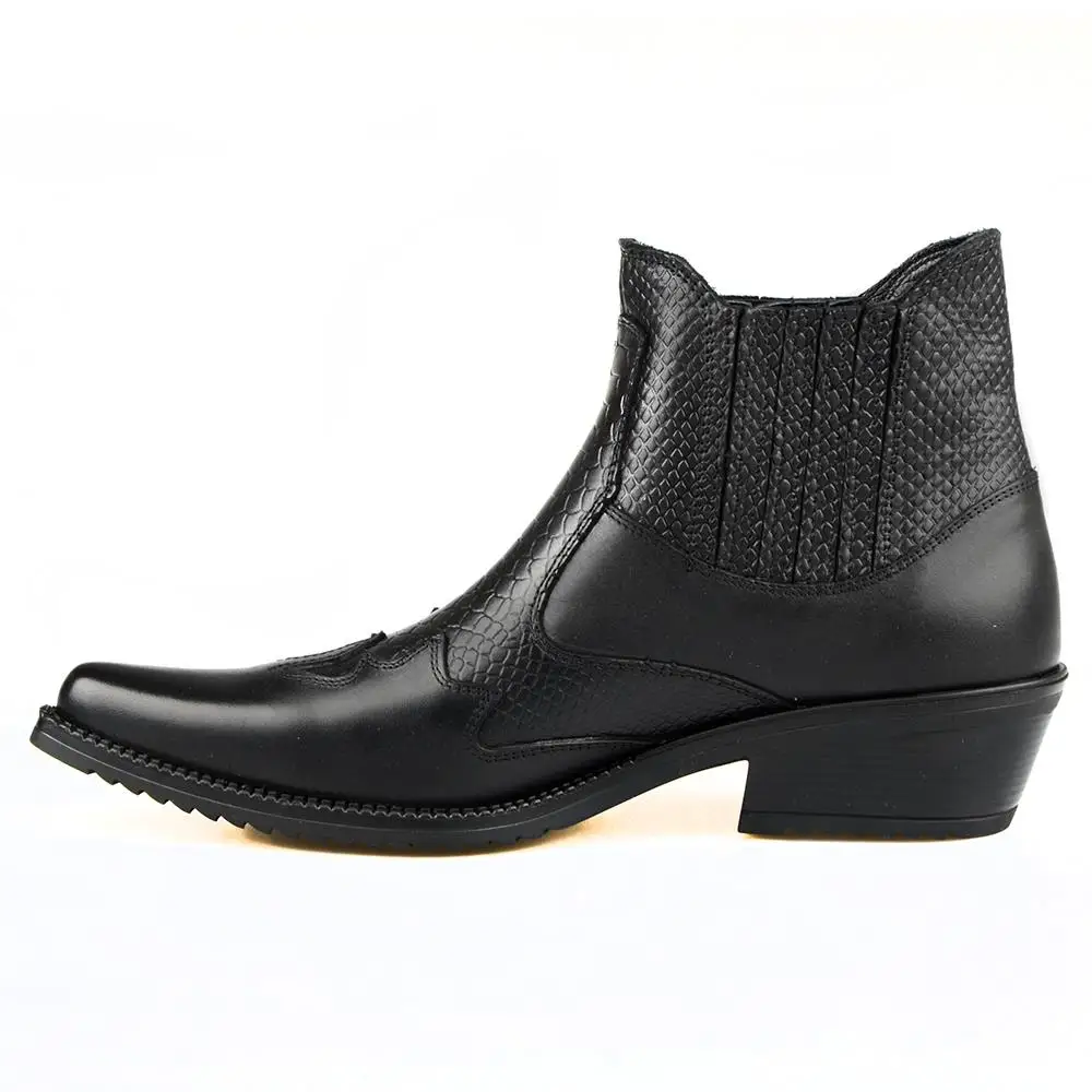 Beste Footcourt-Zwart Cowboy Enkellaarsjes Voor Mannen Vintage Snip Teen Texas Rijlaarzen Stretch Mannen Retro Westerse Laarzen Echt Lederen