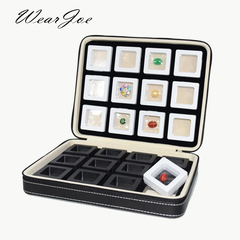 Portable Gem Display Suspended Film Box Bead Gemstone Sealed Collection Zipper Bag PU Leather Diamond Stone Pendant Storage Case