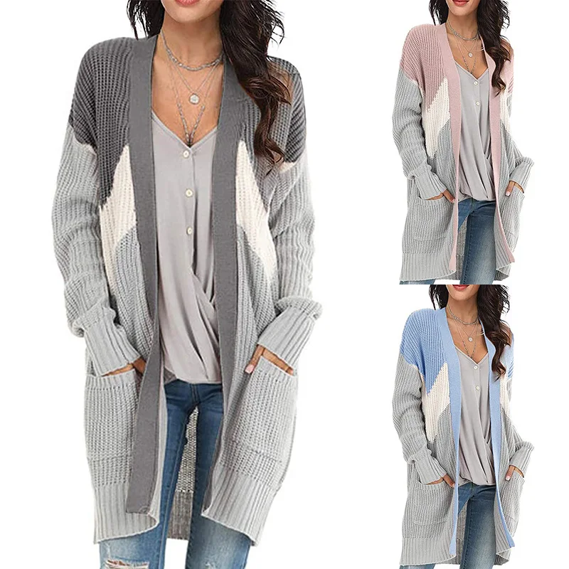 

long cardigan women's 2021 autumn winter geometric color matching sweater knitted cardigan