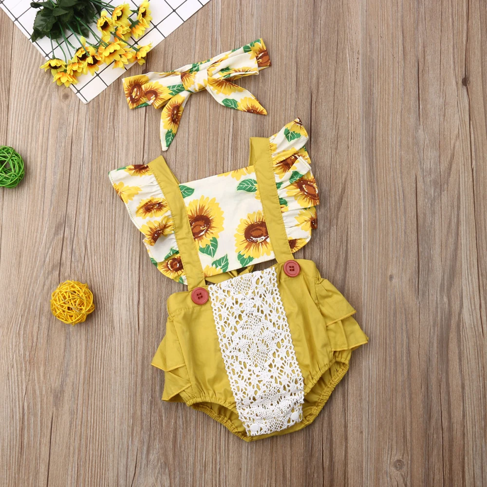 

Newborn Baby Girls Boys SunFlower Ruffle Lace Romper Heabdnad 2Pcs Ruffles Sleeve Backless Sunsuit Outfit Set