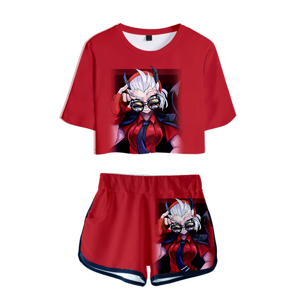 

Helltaker Cosplay Exposed Navel T-shirt 3D Loose Hip Hop Suit Harajuku Polyester Fashion Shorts 2 Piece Set Women Pullover