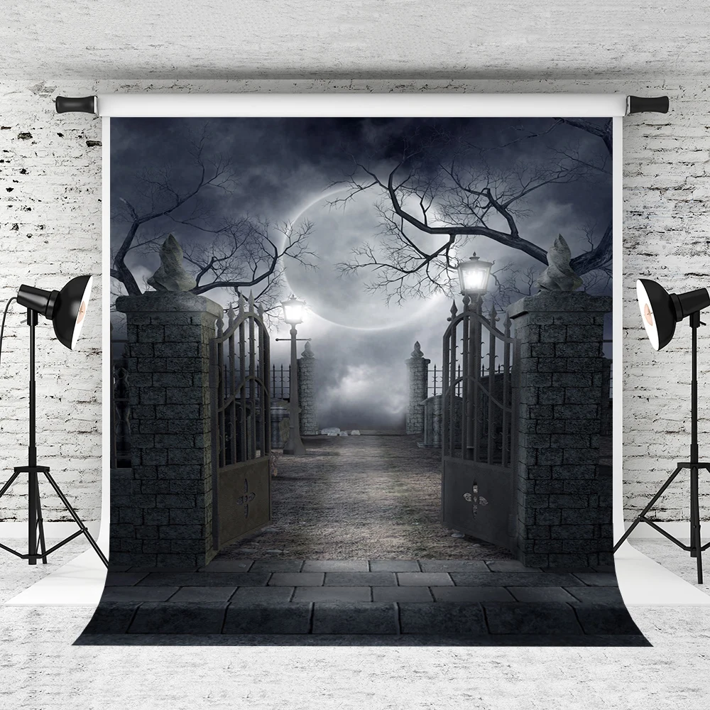 

VinylBDS 10x10ft Halloween Photography Backdrop Iron Gate Camera Background With Moon For Children Background Photo Studio