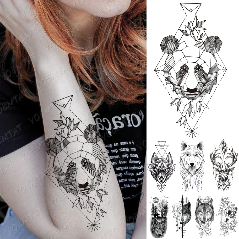 

Waterproof Temporary Tattoo Sticker Line Geometry Fox Panda Wolf Tattoos Deer Flowers Body Art Arm Fake Sleeve Tatoo Women Men